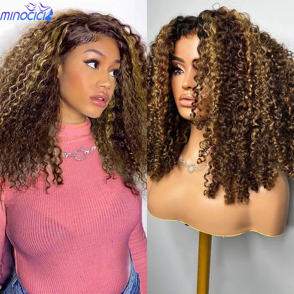 Glueless Wear And Go Human Hair Wig - Parrucca corta riccia con ciocche evidenziate,